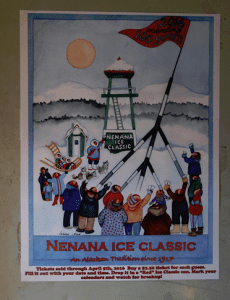 A poster of people skiing in the snow.