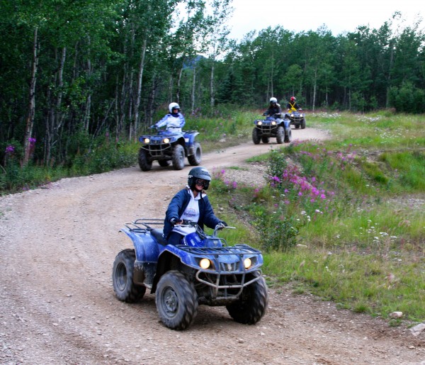 A group of people riding atvs on the side of a dirt road image